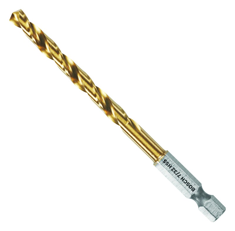 BOSCH TI2141IM 1-Piece 7/32 In. x 3-3/4 In. Titanium Nitride Coated Metal Drill Bit Impact Tough with Impact-Rated Hex Shank Ideal for Heavy-Gauge Carbon Steels, Light Gauge Metal, Hardwood - Image 1